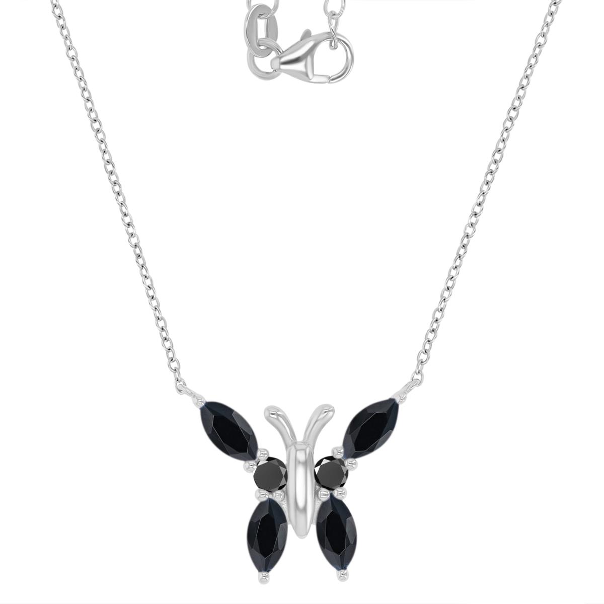 Sterling Silver Rhodium 21X17.5MM Butterfly Black Spinel Marquise Cut 16+2" Necklace