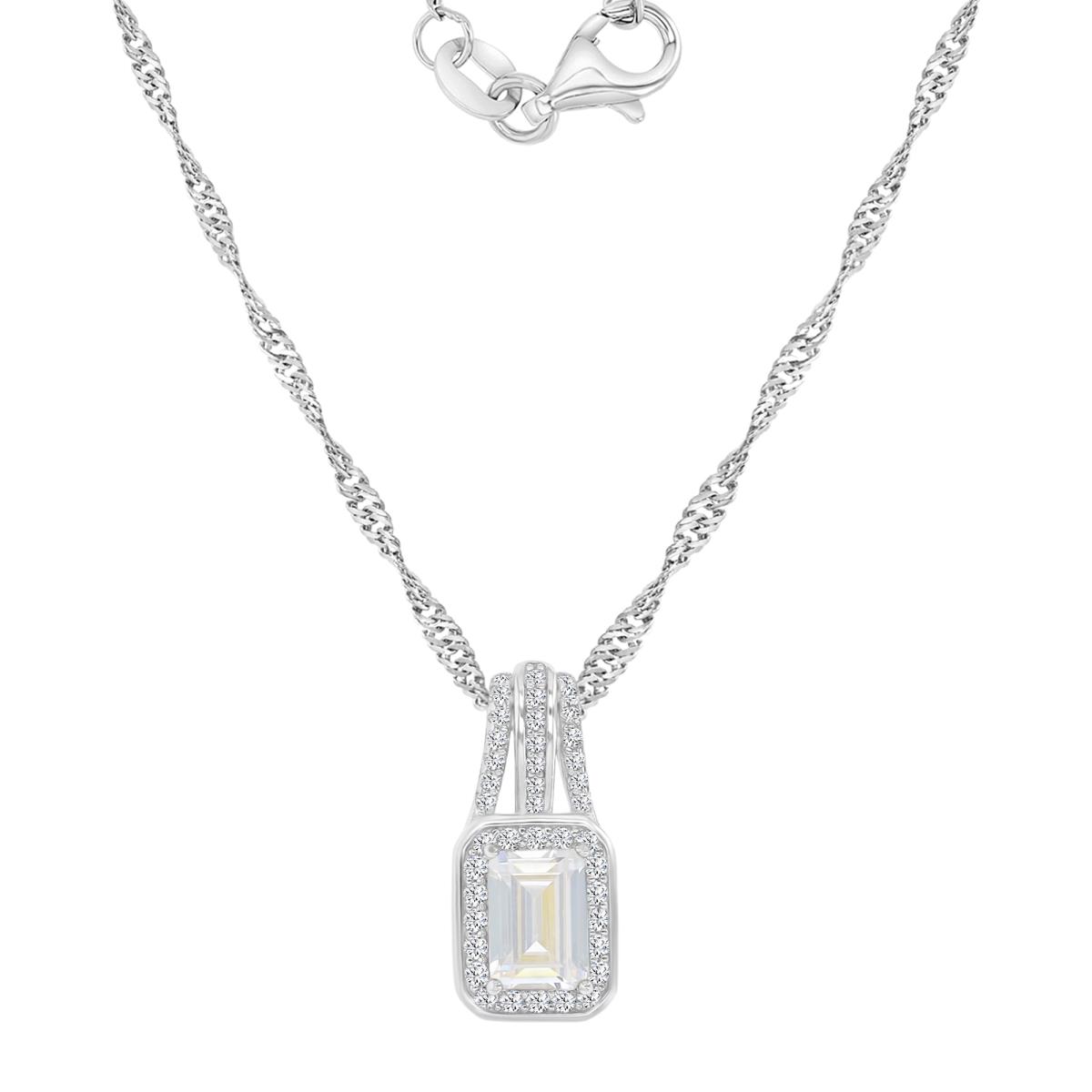 Sterling Silver Rhodium 18X8.3MM Polished White CZ Emerald Cut Dangling Pendant Singapore Chain 18+2" Necklace