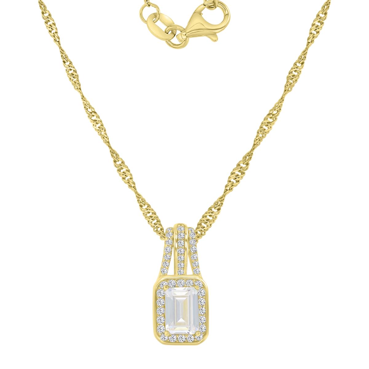 Sterling Silver Yellow 18X8.3MM Polished White CZ Emerald Cut Dangling Pendant Singapore Chain 18+2" Necklace