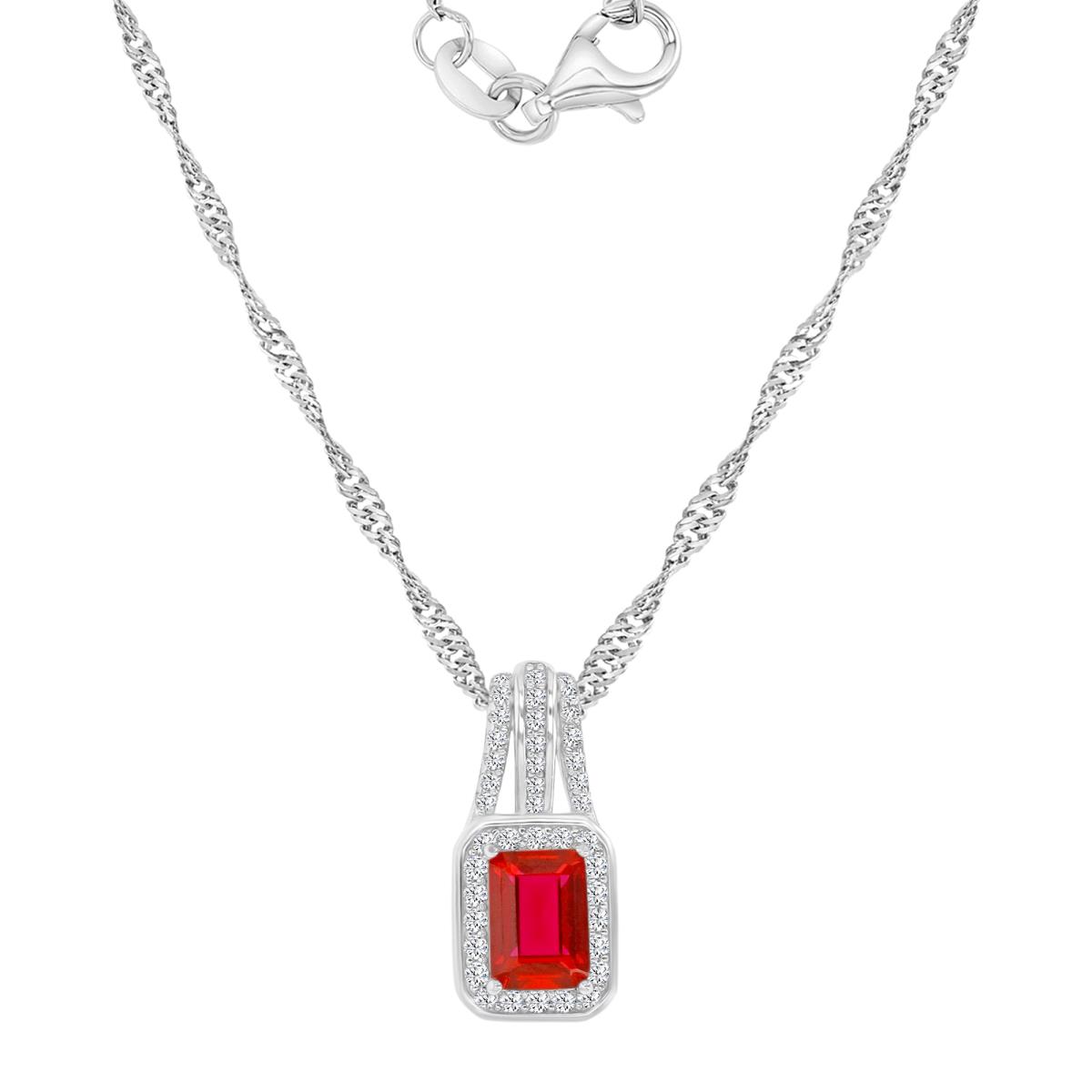 Sterling Silver Rhodium 18X8.3MM Polished Cr Ruby & Cr White Sapphire Emerald Cut Dangling Pendant Singapore Chain 18+2" Necklace