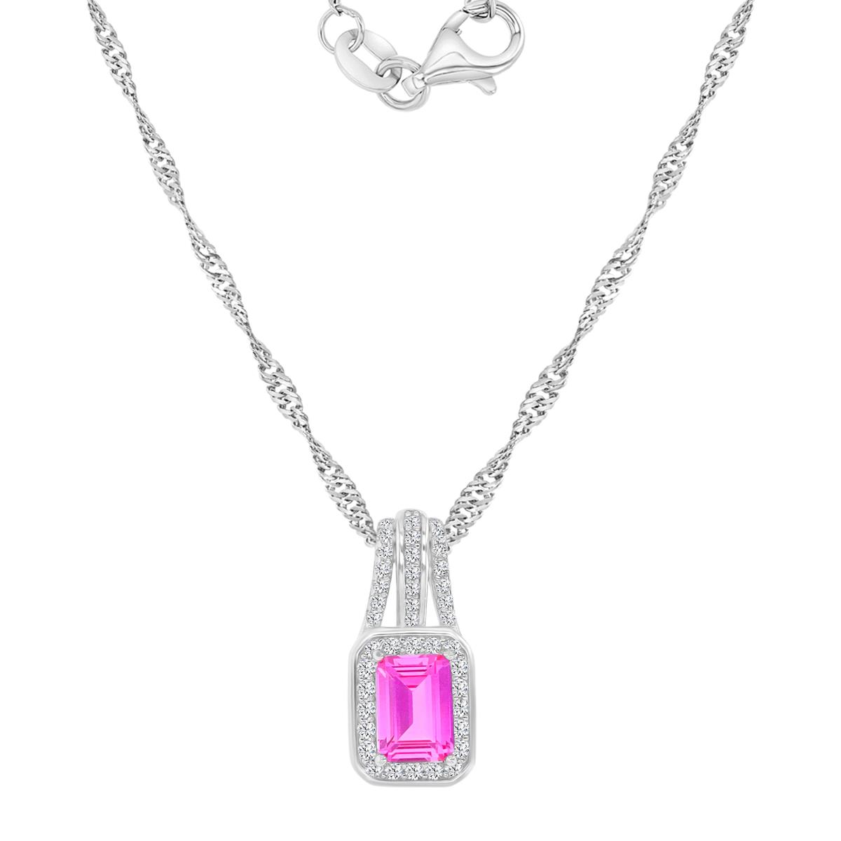 Sterling Silver Rhodium 18X8.3MM Polished Cr Pink Sapphire & Cr White Sapphire Emerald Cut Dangling Pendant Singapore Chain 18+2" Necklace