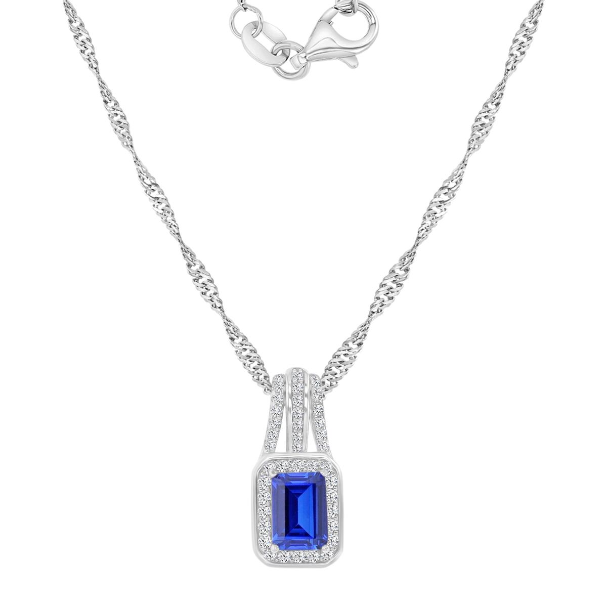 Sterling Silver Rhodium 18X8.3MM Polished Cr Blue & Cr White Sapphire Emerald Cut Dangling Pendant Singapore Chain 18+2" Necklace