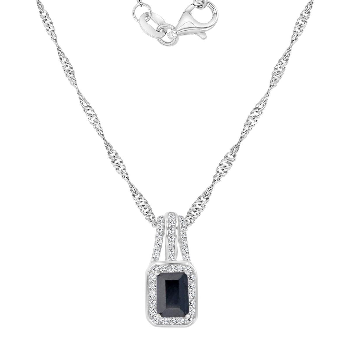 Sterling Silver Rhodium 18X8.3MM Polished Black Spinel & Cr White Sapphire Emerald Cut Dangling Pendant Singapore Chain 18+2" Necklace