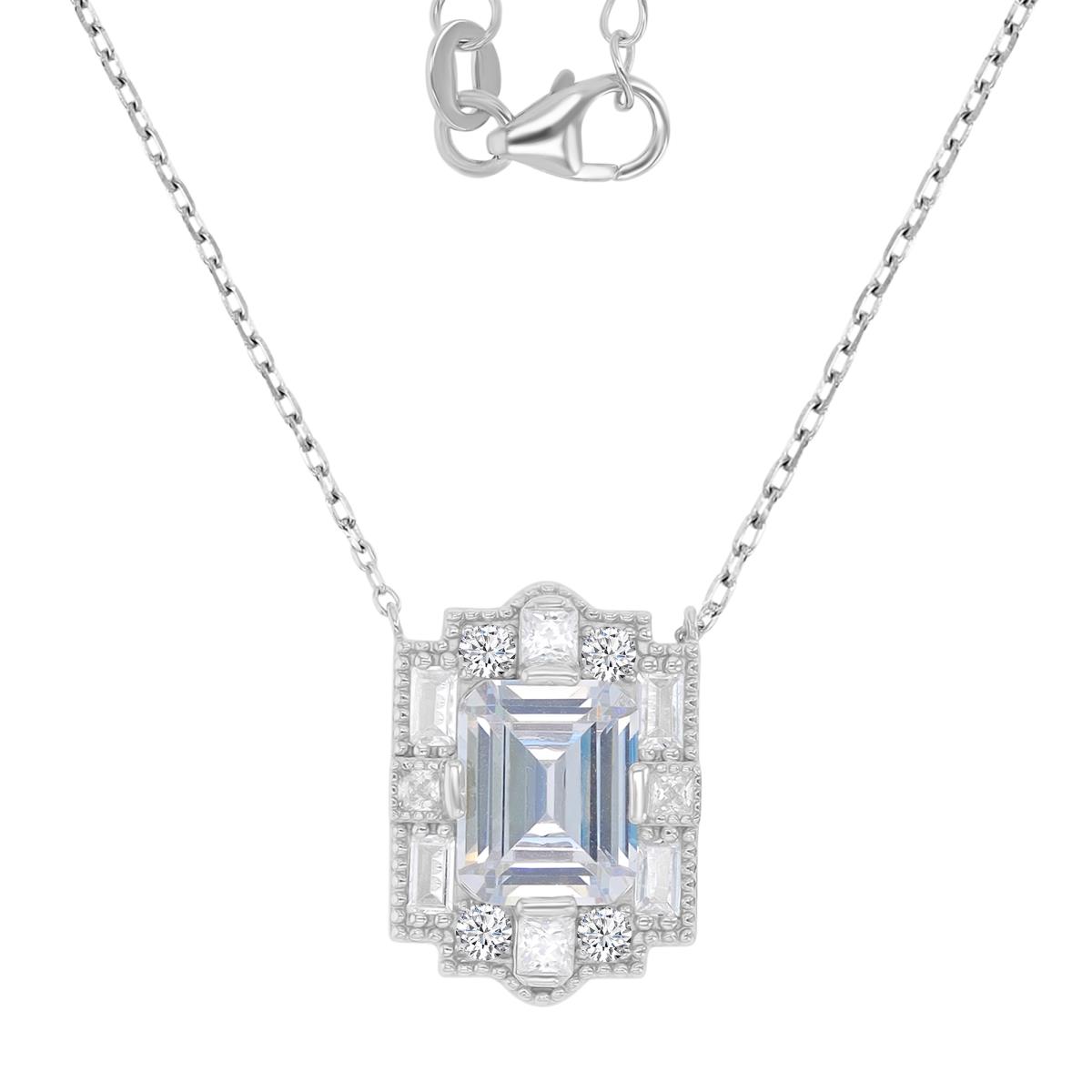 Sterling Silver Rhodium 19X14MM Polished White CZ Emerald Cut Vintage 18+2" Necklace