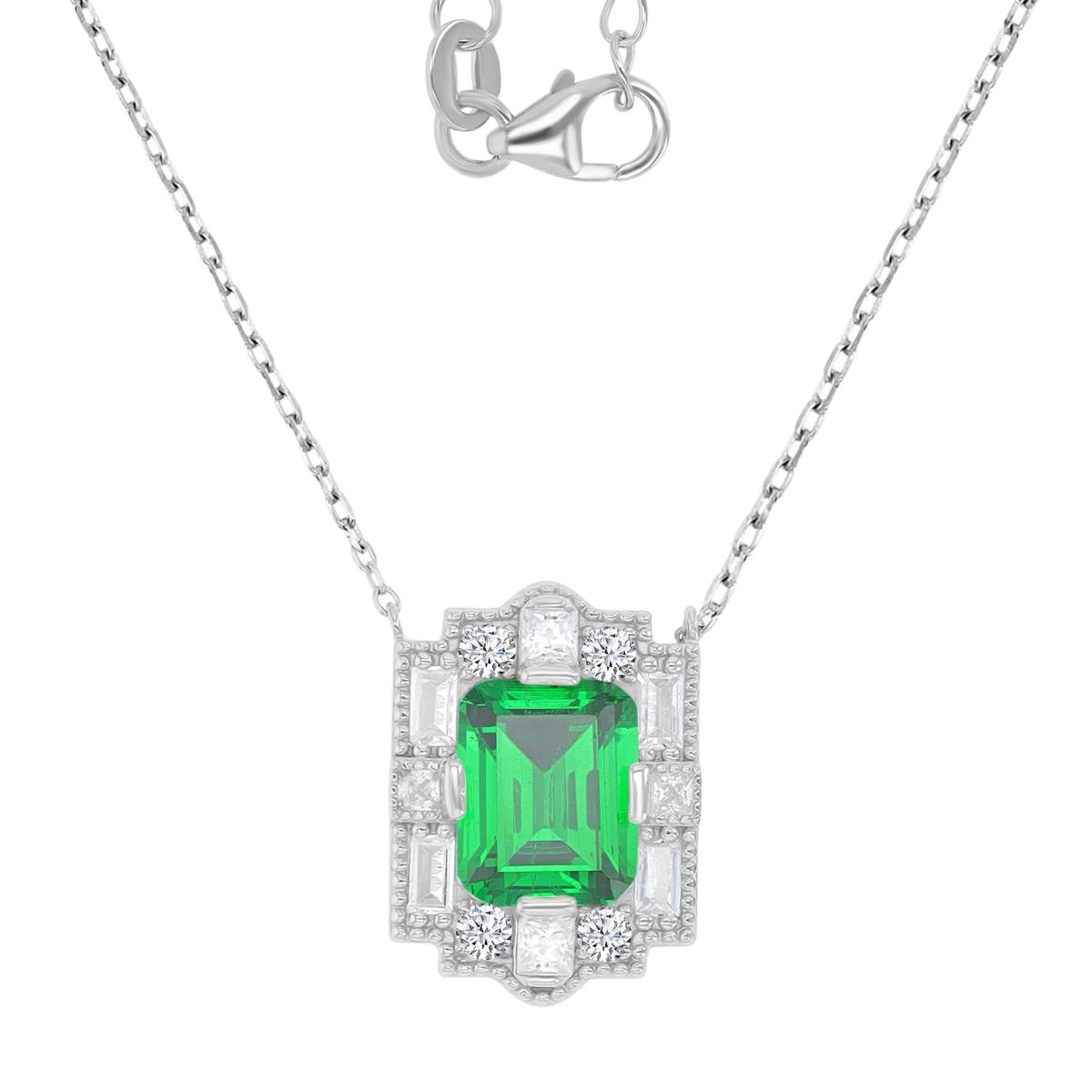 Sterling Silver Rhodium 19X14MM Polished Green CZ & White CZ Emerald Cut Vintage 18+2" Necklace