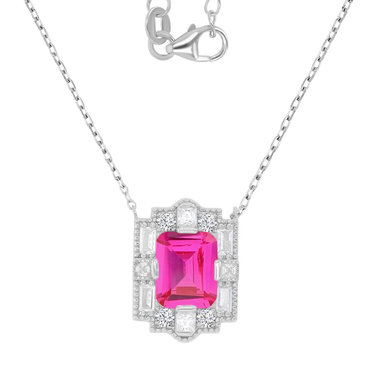 Sterling Silver Rhodium 19X14MM Polished Cr Pink & Cr White Sapphire Emerald Cut Vintage 18+2" Necklace