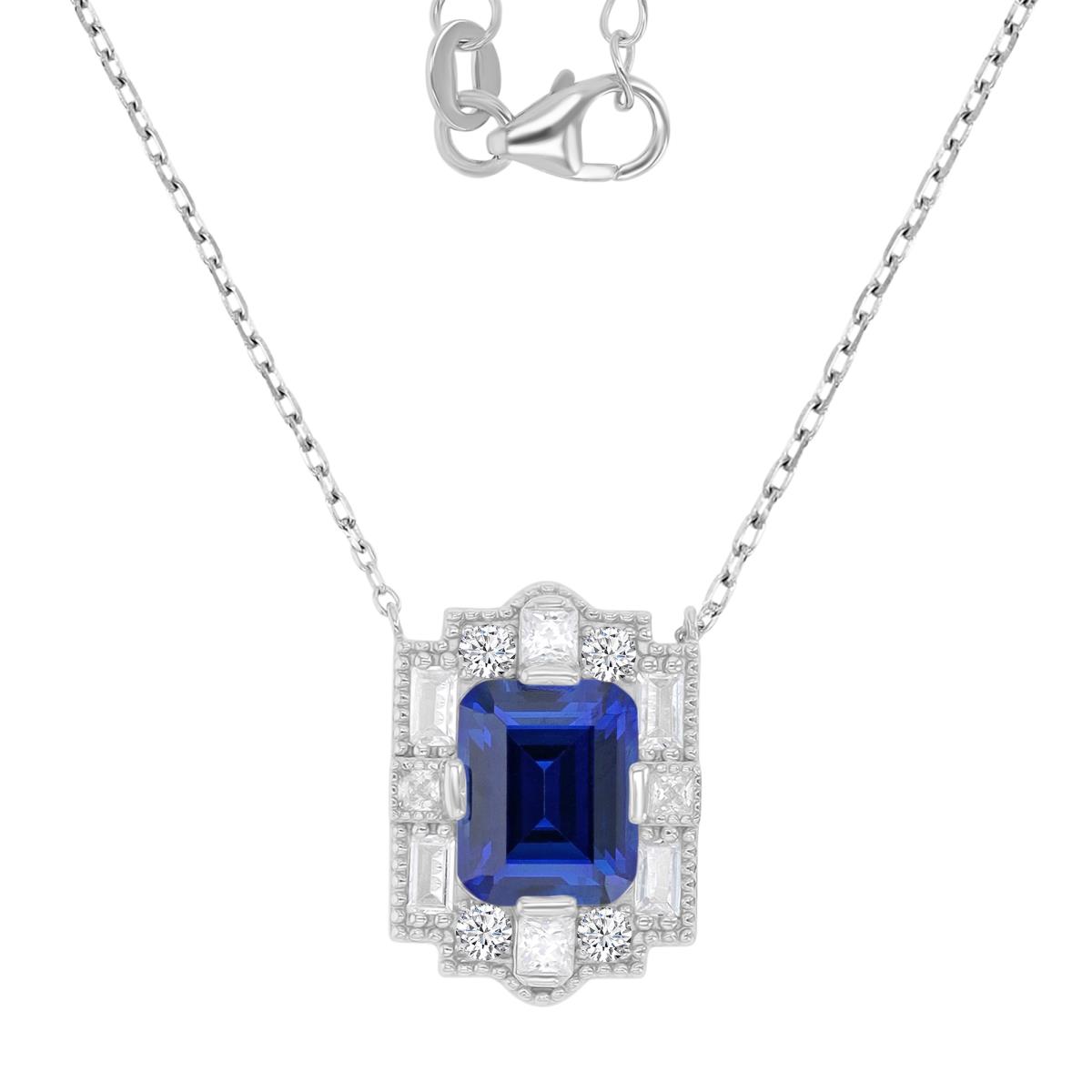 Sterling Silver Rhodium 19X14MM Polished Cr Blue & Cr White Sapphire Emerald Cut Vintage 18+2" Necklace