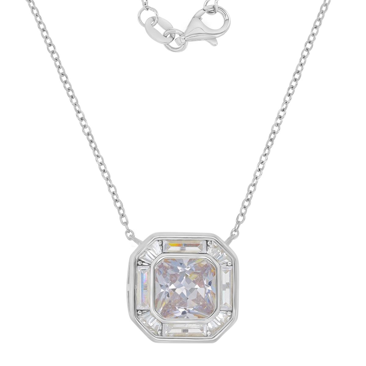 Sterling Silver Rhodium 15MM Cushion Cut White CZ 16+2" Necklace