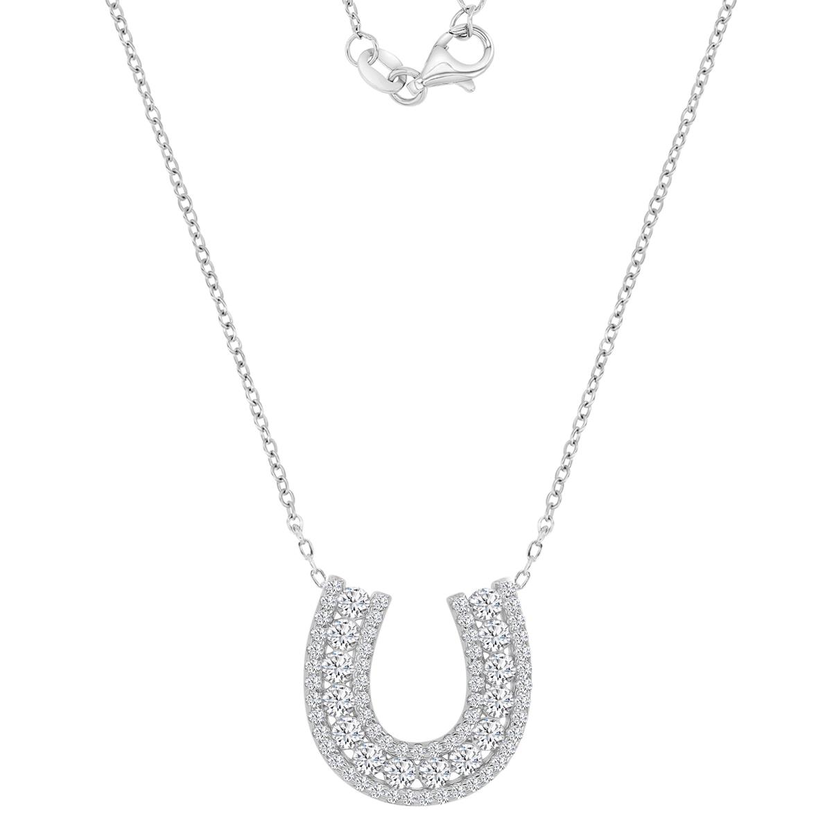 Sterling Silver Platinum Plated 18.1X17.8MM Polished White CZ Horse Shoe Pave 18+2" Necklace