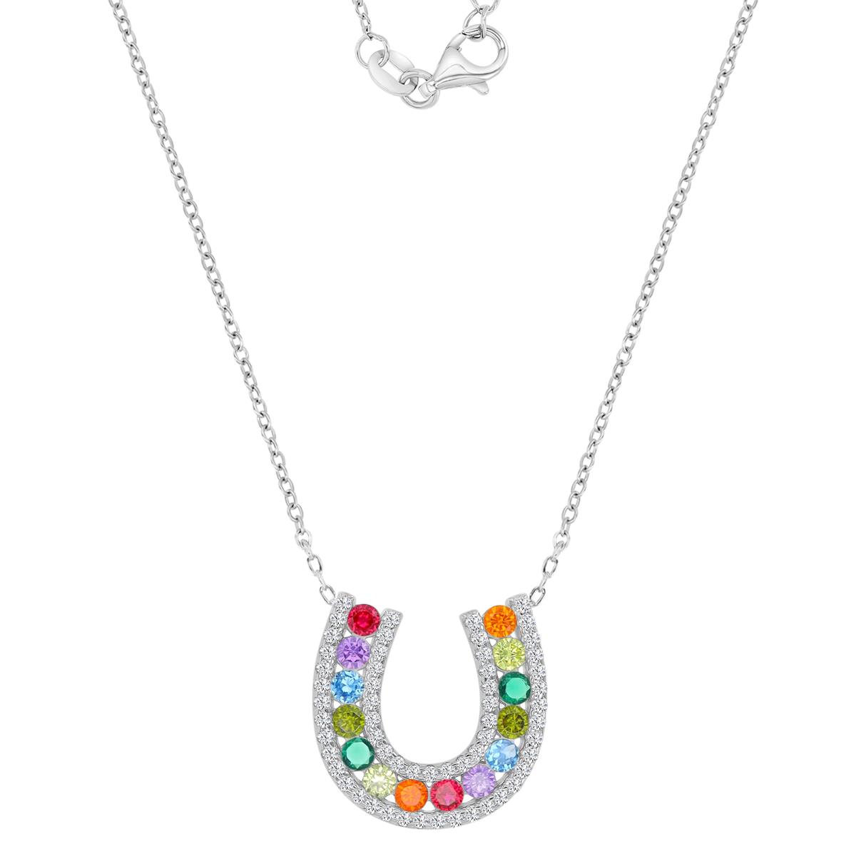 Sterling Silver Rhodium 18.1X17.8MM Polished Multi Color & White CZ Horse Shoe Pave 18+2" Necklace