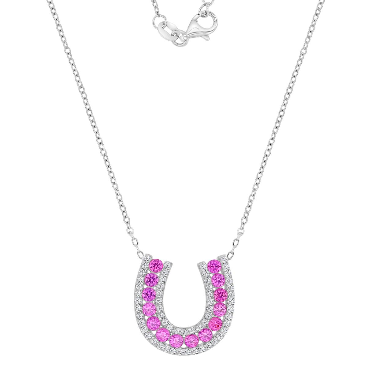 Sterling Silver Rhodium 18.1X17.8MM Polished Cr Pink & Cr White Sapphire Horse Shoe Pave 18+2" Necklace