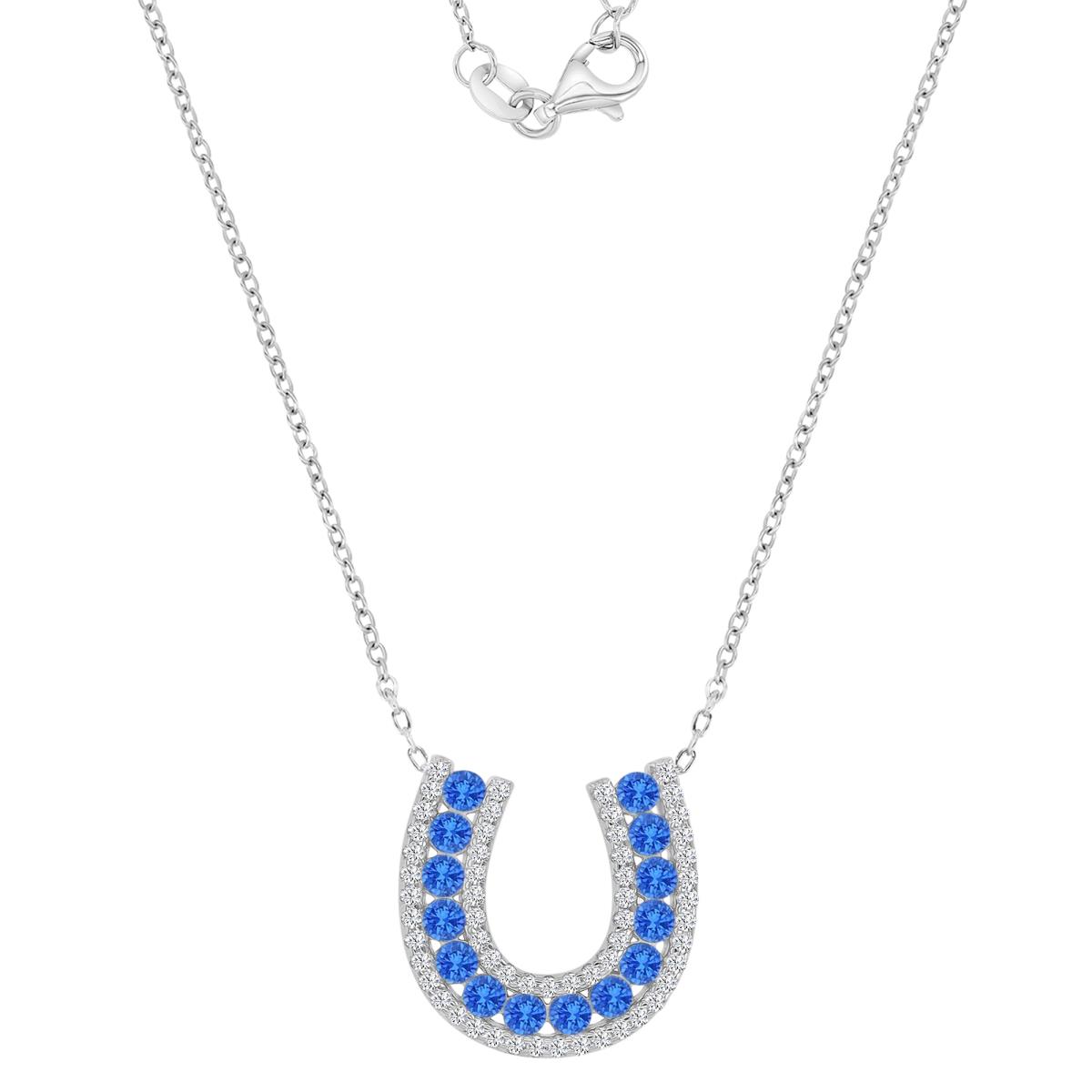Sterling Silver Rhodium 18.1X17.8MM Polished Cr Blue & Cr White Sapphire Horse Shoe Pave 18+2" Necklace