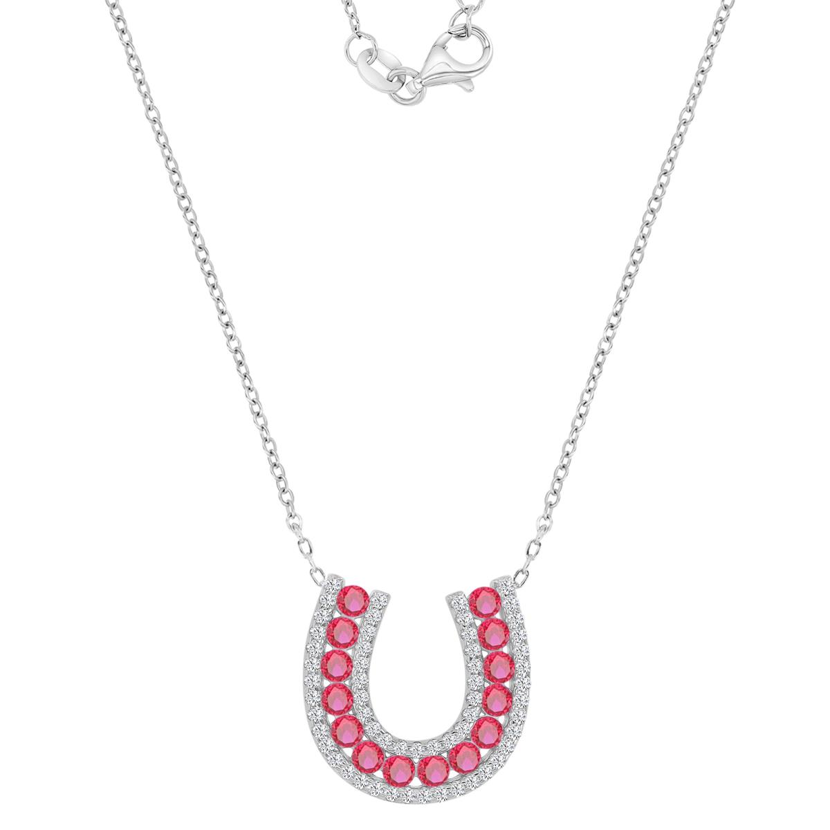 Sterling Silver Rhodium 18.1X17.8MM Polished Cr Ruby & Cr White Sapphire Horse Shoe Pave 18+2" Necklace
