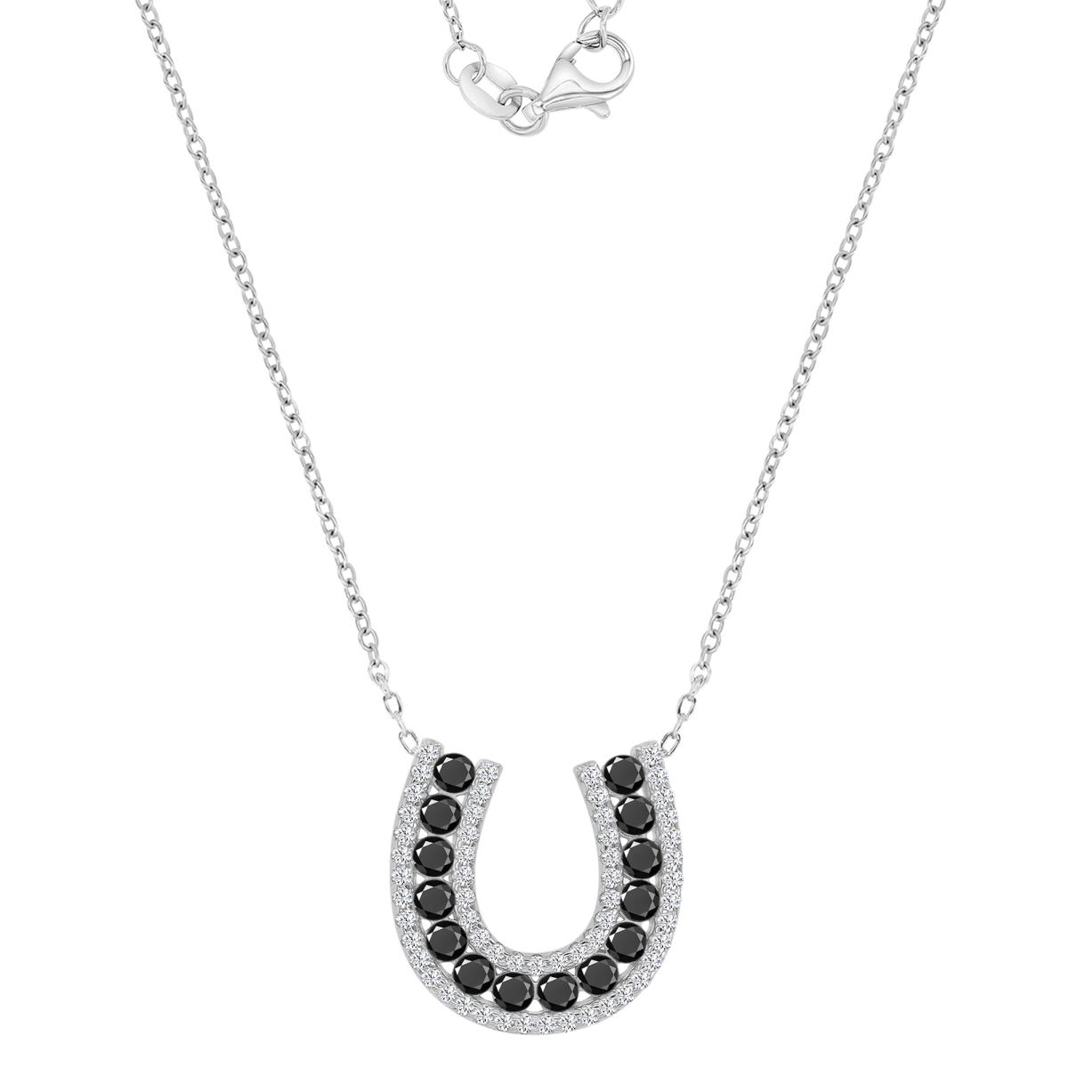Sterling Silver Black & White 18.1X17.8MM Polished Black Spinel & Cr White Sapphire Horse Shoe Pave 18+2" Necklace