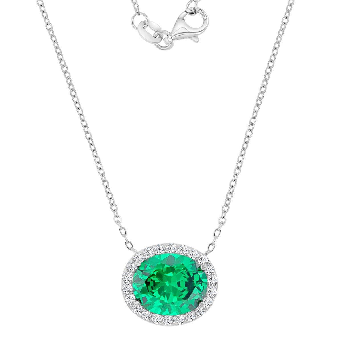 Sterling Silver Rhodium 15.6X13.4MM Polished Green CZ & White CZ Oval Cut Pendant 18+2" Necklace
