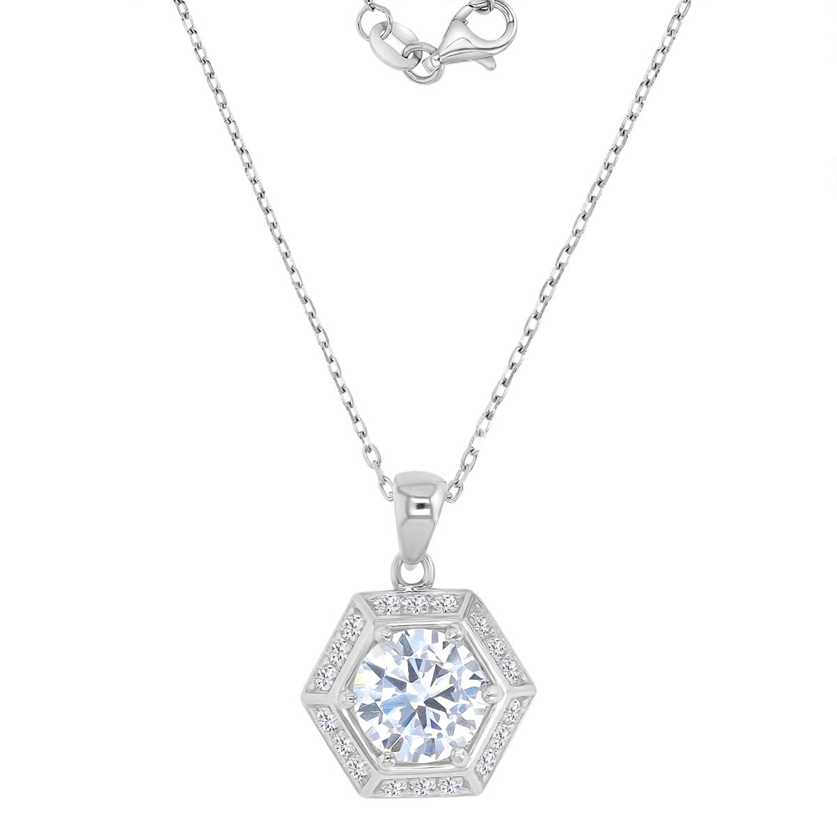 Sterling Silver Rhodium 20X14.3MM Polished White CZ Octagon 16+2" Necklace