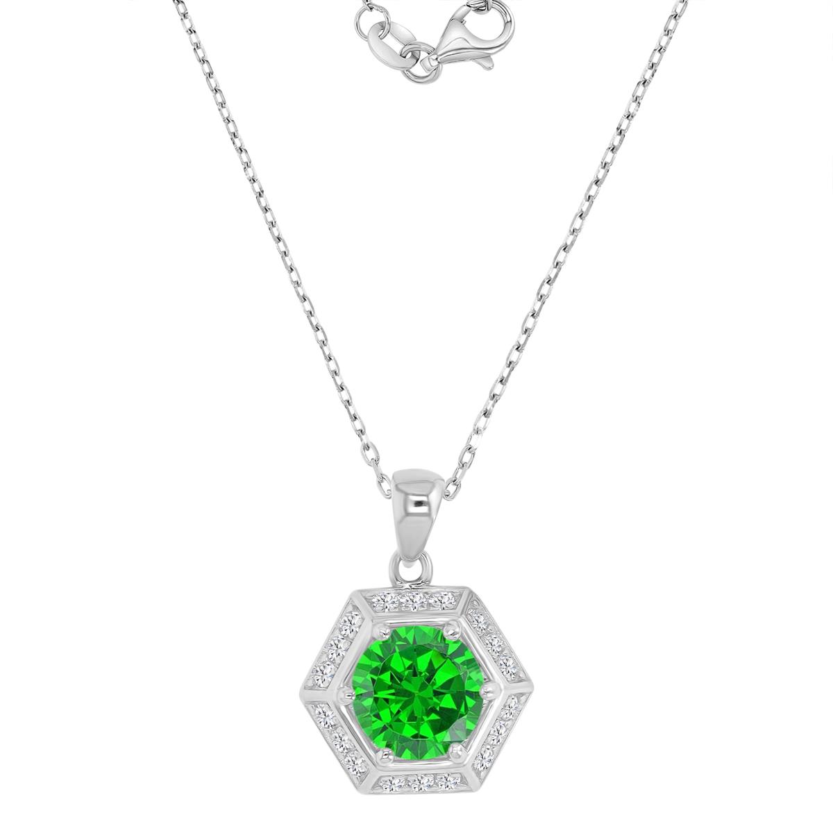 Sterling Silver Rhodium 20X14.3MM Polished Green CZ & White CZ Octagon 16+2" Necklace