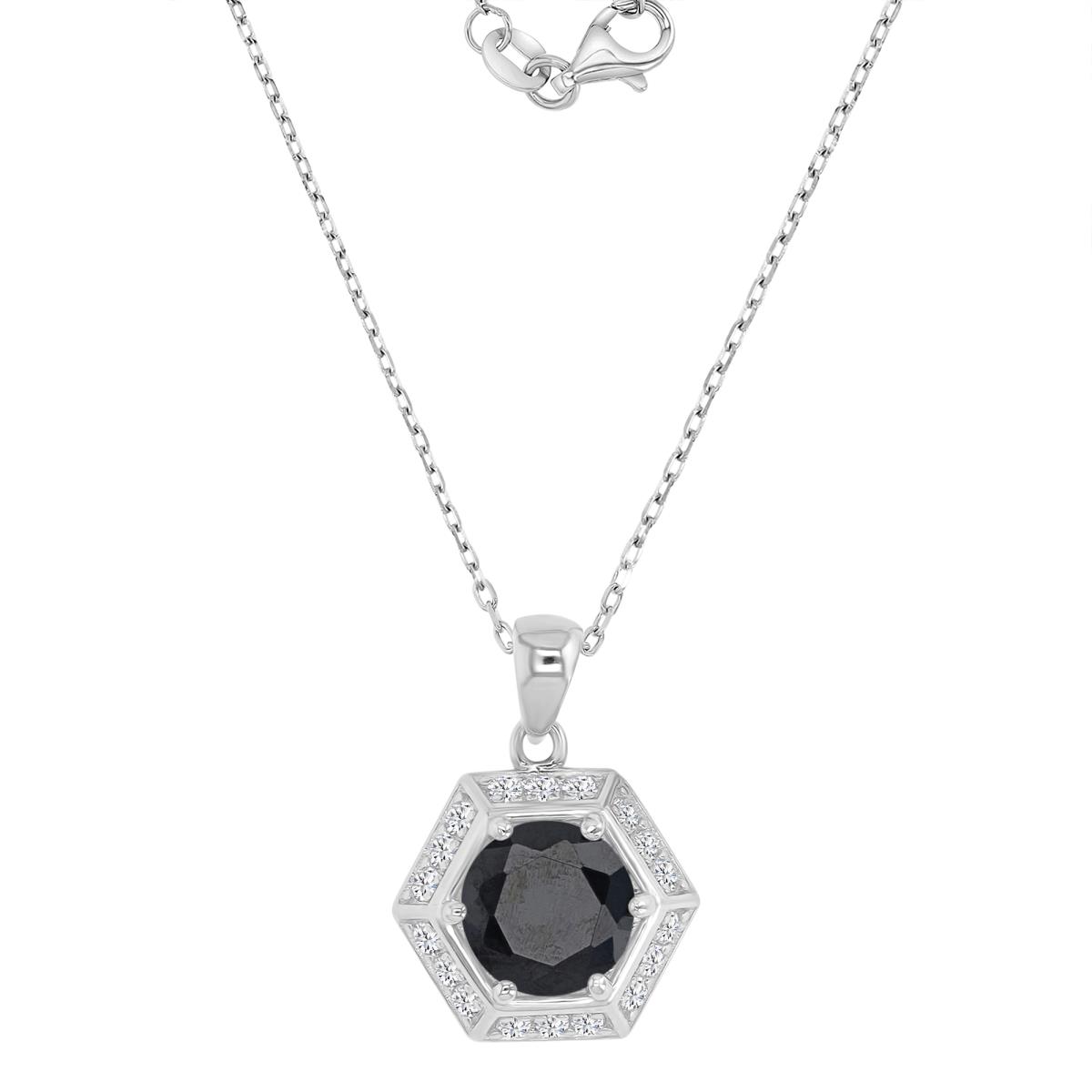 Sterling Silver Rhodium 20X14.3MM Polished Black Spinel & Cr White Sapphire Octagon 16+2" Necklace