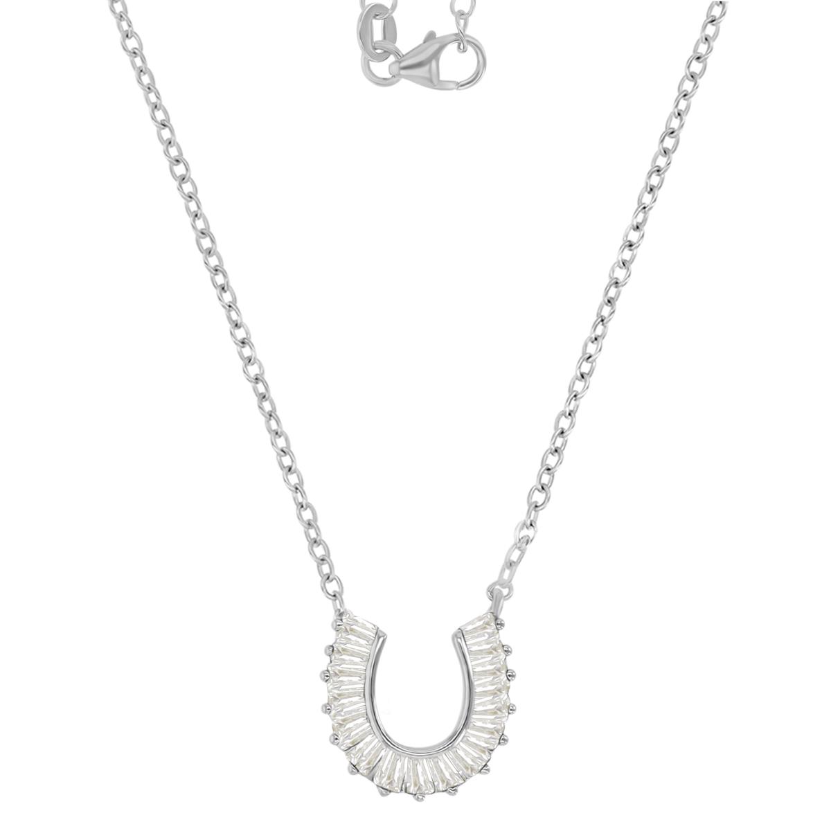 Brass Rhodium 11.3X10.3MM Polished White CZ Horse Shoe Pendant 16+2" Necklace