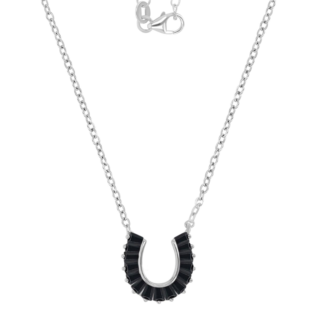 Sterling Silver Black & White 11.3X10.3MM Polished Black Spinel Horse Shoe Pendant 16+2" Necklace