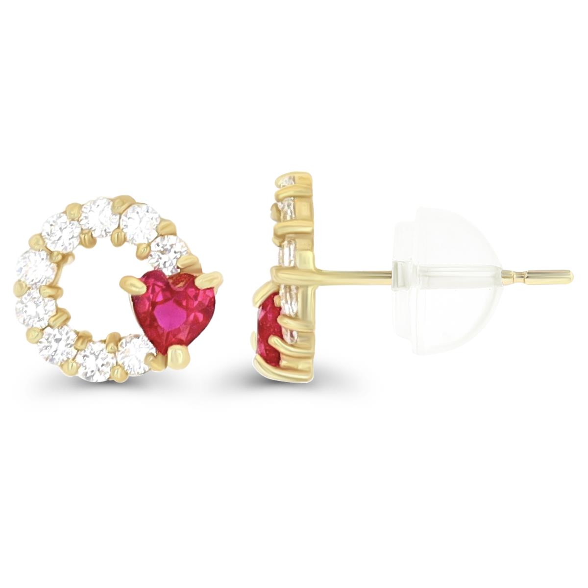 10K Yellow Gold Rd Open Circle with 3mm Red Ruby Heart Stud Earring