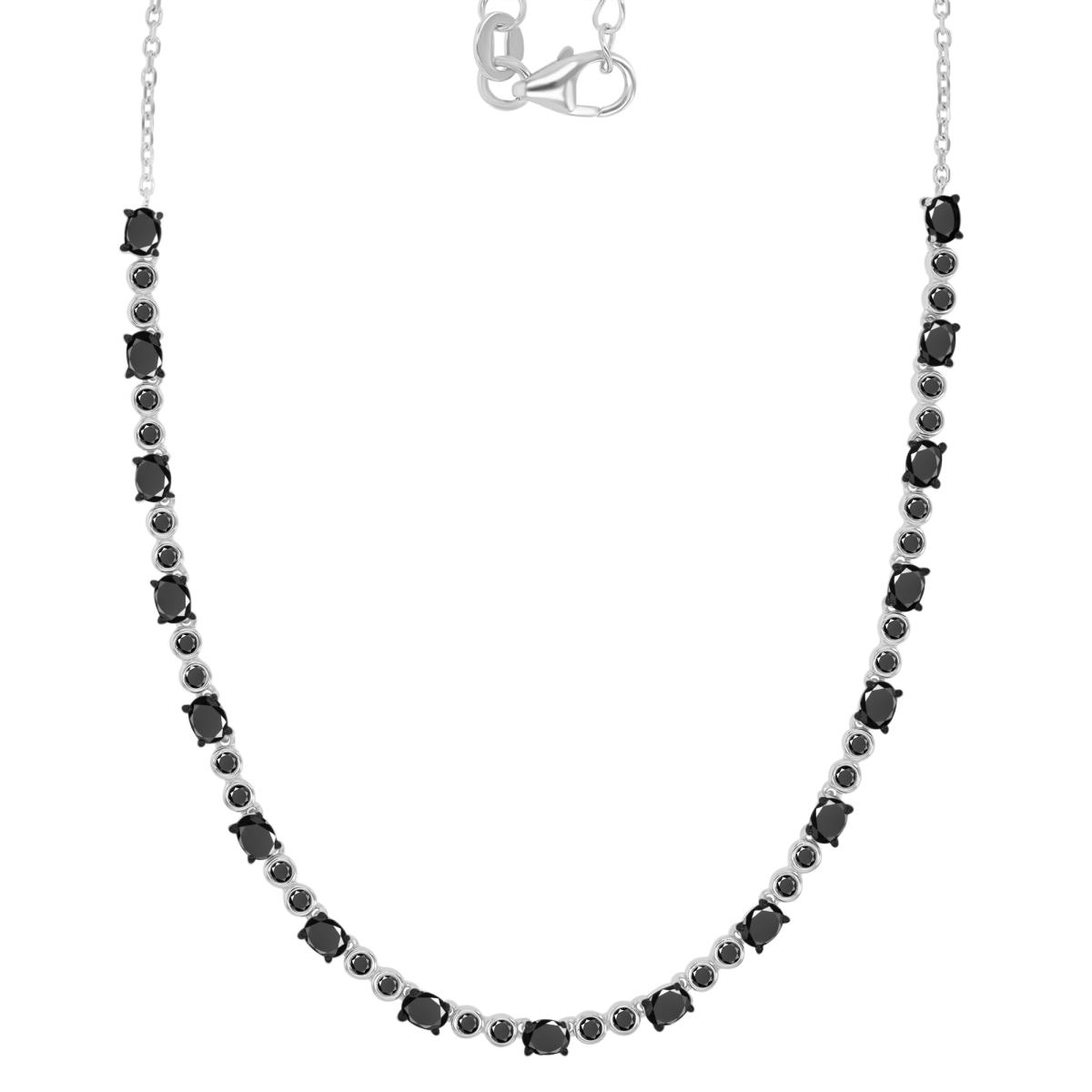 Sterling Silver Black & White 3.5MM Black Spinel Curved Bar 18+2" Necklace