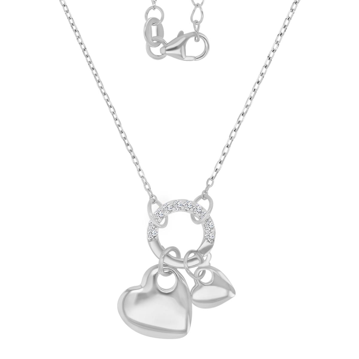 Sterling Silver Rhodium 22MM High Polished Dangling Two Hearts With White CZ Circle 16+2" Necklace