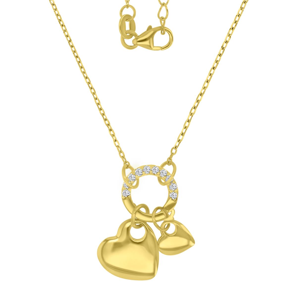 Sterling Silver Yellow 22MM High Polished Dangling Two Hearts With White CZ Circle 16+2" Necklace