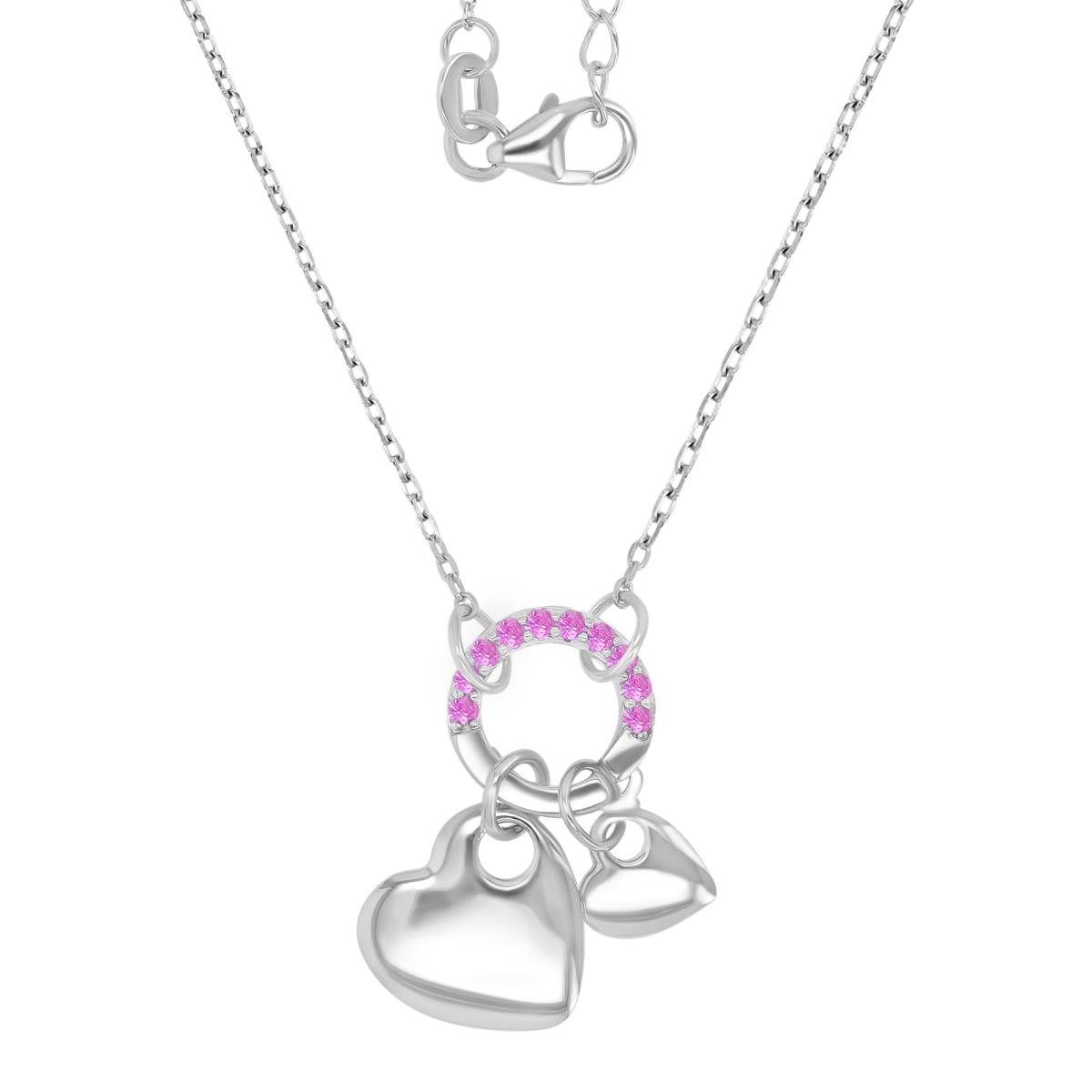 Sterling Silver Rhodium 22MM High Polished Dangling Two Hearts With Created Pink Sapphire Circle 16+2" Necklace