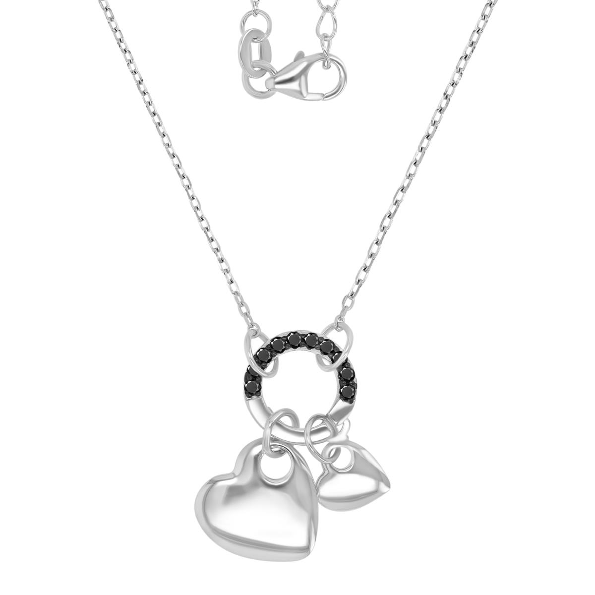 Sterling Silver Black & White 22MM High Polished Dangling Two Hearts With Black Spinel Circle 16+2" Necklace