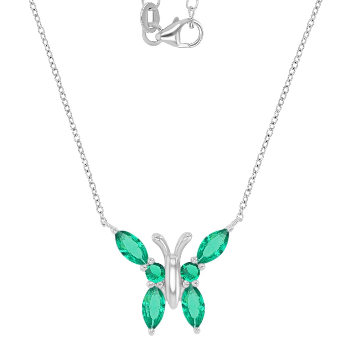 Sterling Silver Rhodium 21X17.5MM Butterfly Nano Green Marquise Cut 16+2" Necklace