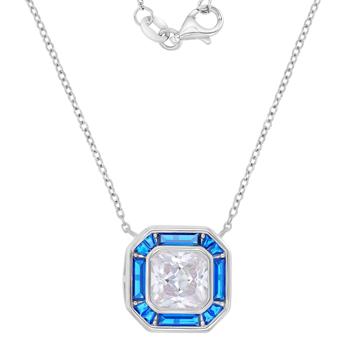 Sterling Silver Rhodium 15MM Cushion Cut Created Blue & White CZ 16+2" Necklace