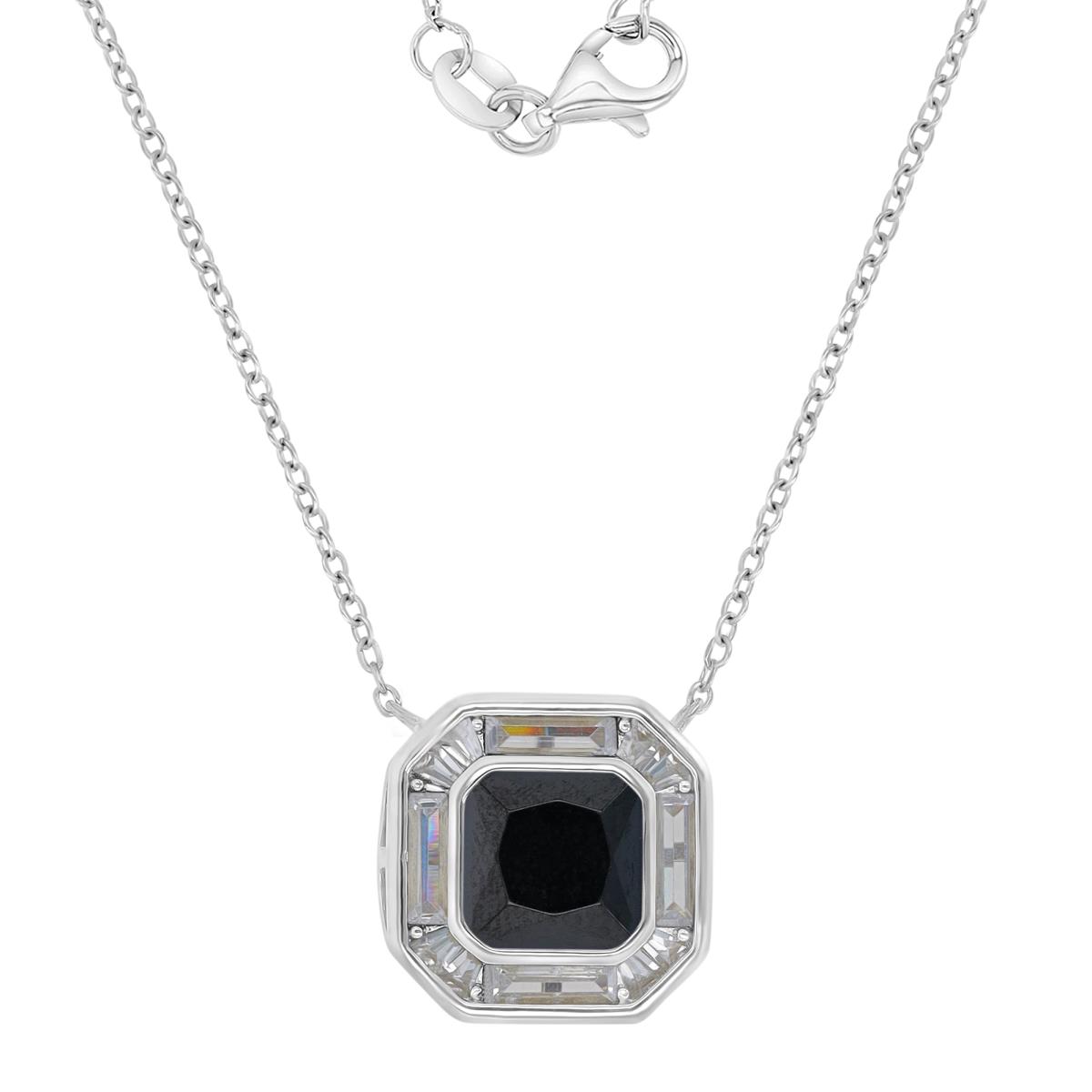 Sterling Silver Rhodium 15MM Cushion Cut Black Spinel & Created White Sapphire 16+2" Necklace