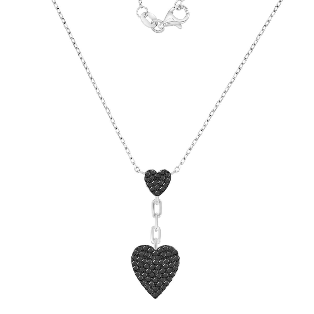 Sterling Silver Rhodium & Black 30x12mm Dangling Hearts with Black Spinel 16+2" necklace 