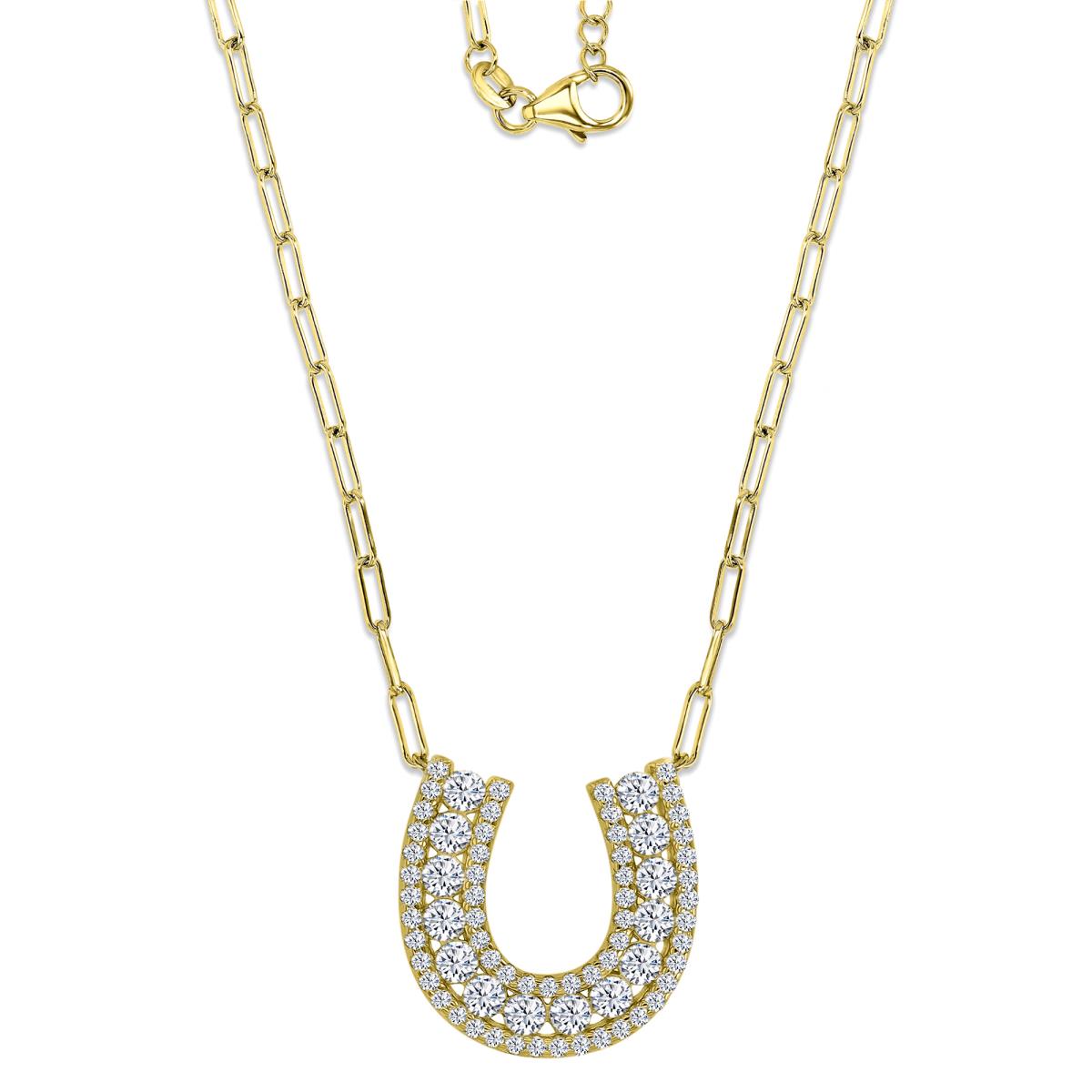 Brass Yellow 18.1X17.8MM Polished White CZ Horse Shoe Pave Paperclip Chain 18+2" Necklace