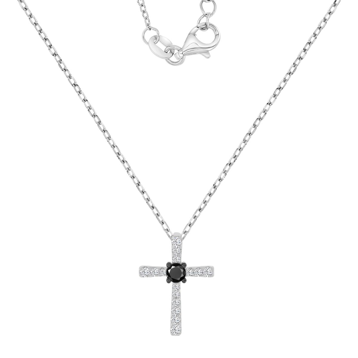 Sterling Silver Rhodium 16.8X12MM Polished Black Spinel & Cr White Sapphire Cross 13+2" Necklace
