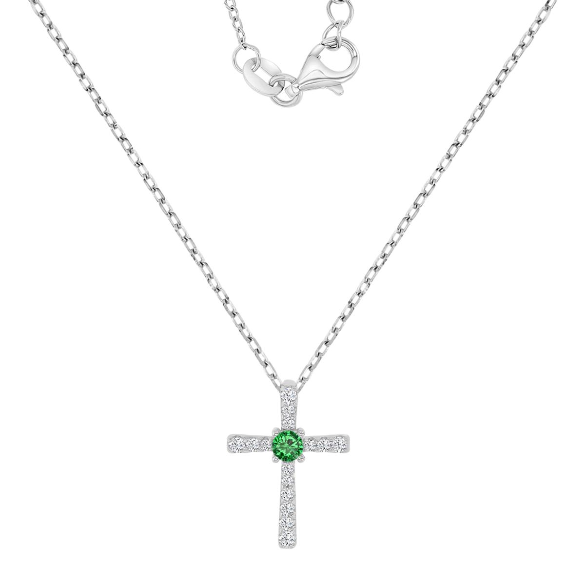 Sterling Silver Rhodium 16.8X12MM Polished Green Nano & White CZ Cross 13+2" Necklace