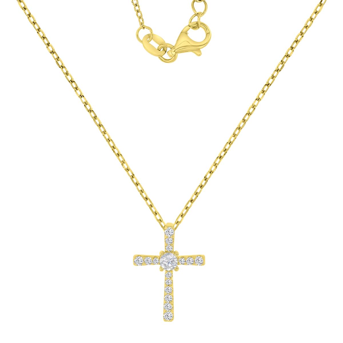 Sterling Silver Yellow 16.8X12MM Polished White CZ Cross 13+2" Necklace