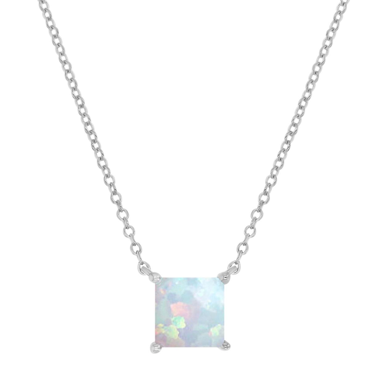 Sterling Silver Rhodium 6mm Princess Cut Created Opal 16+2" Solitaire Necklace