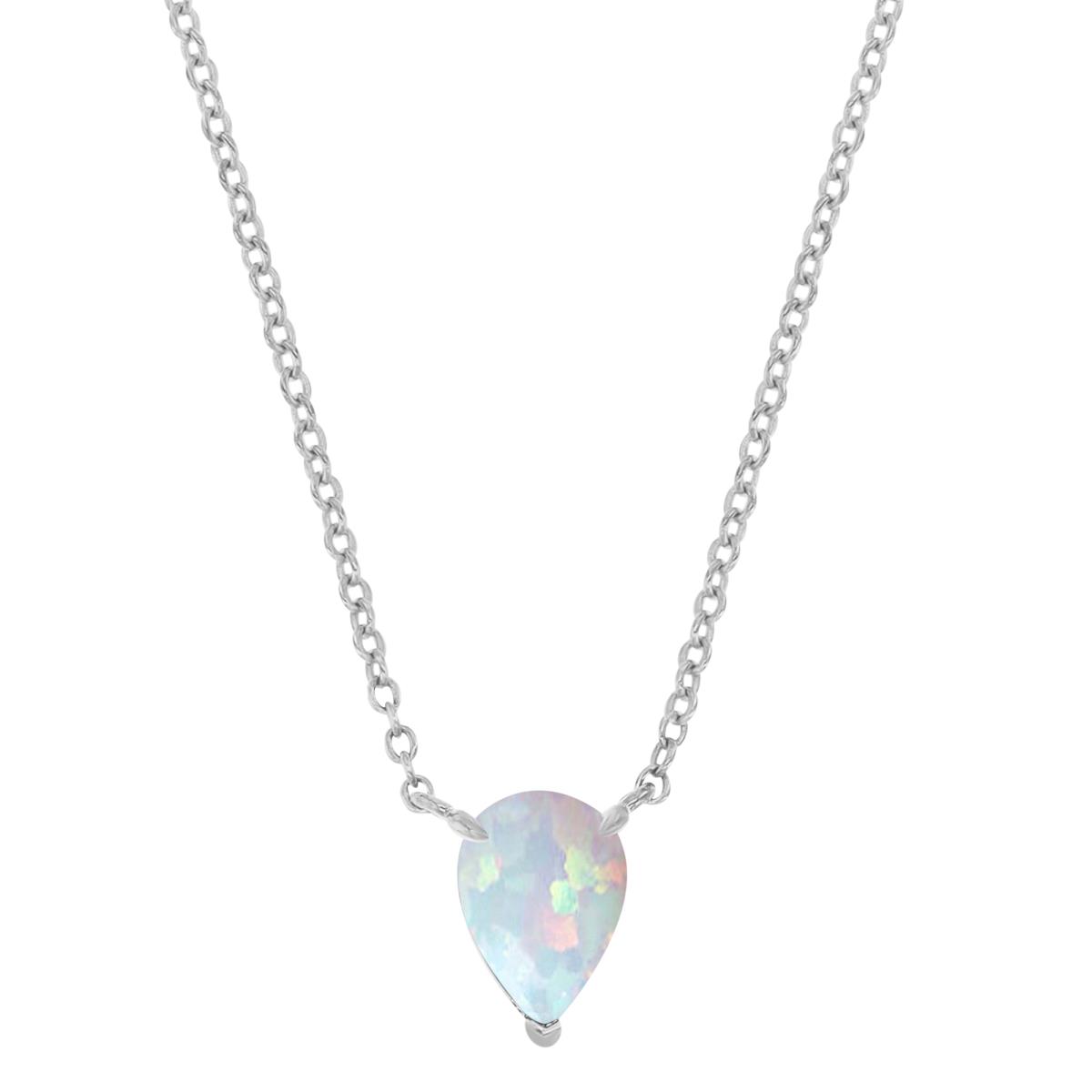 Sterling Silver Rhodium 7x5mm Pear Cut Created Opal 16+2" Solitaire Necklace
