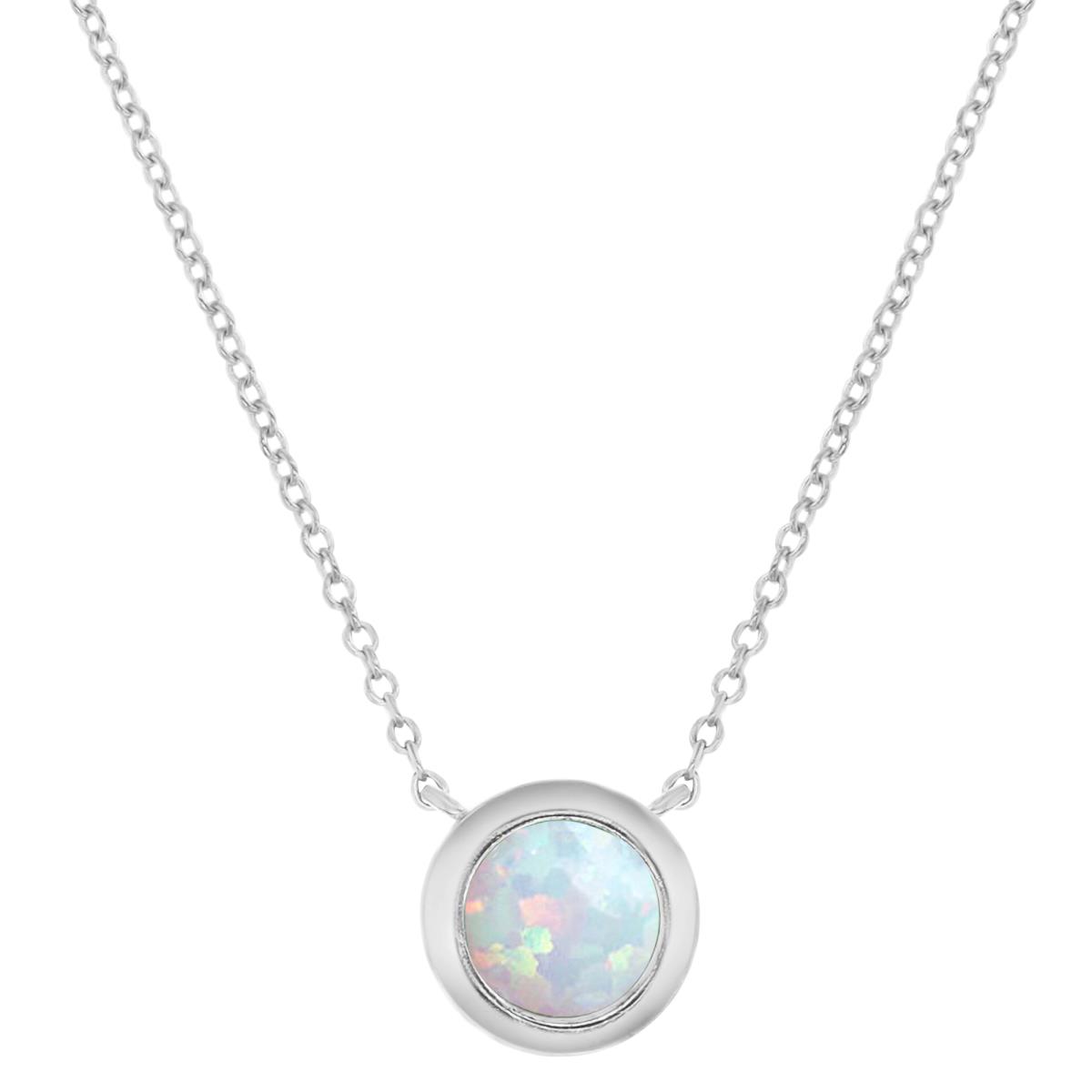 Sterling Silver Rhodium 6mm Round Cut Created Opal Bezel 16+2" Solitaire Necklace