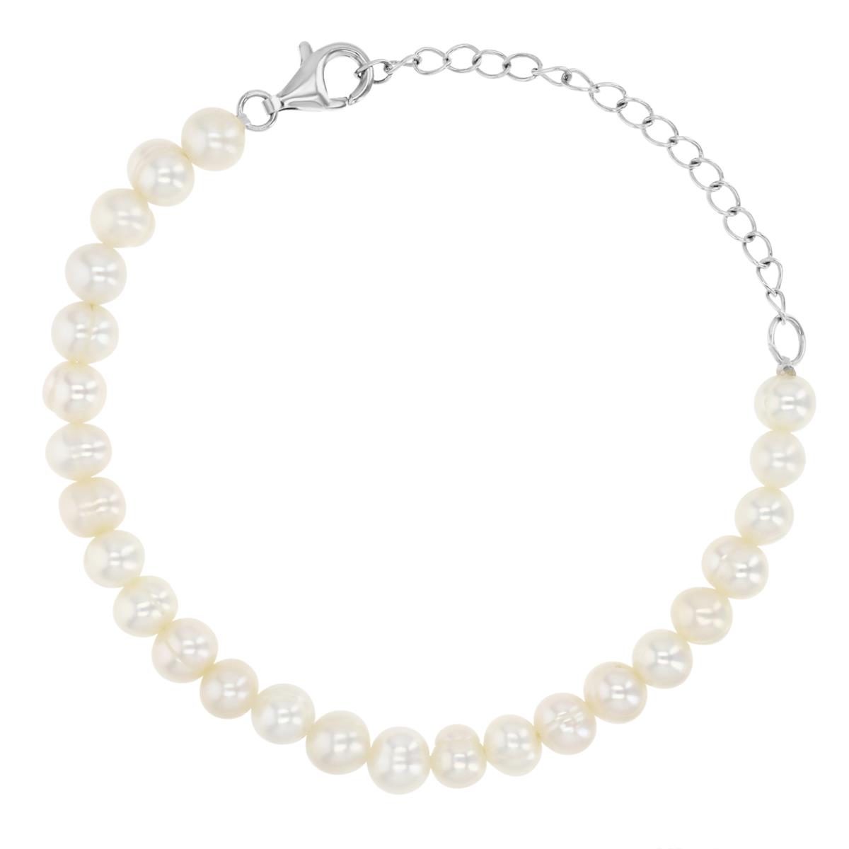 Sterling Silver Rhodium Plated 6MM Polished White Simulated Pearl Link 6+2" Bracelet