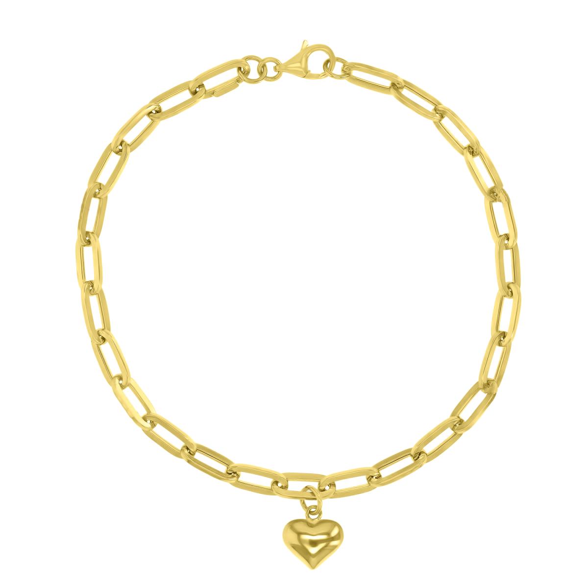 14K Yellow & White Gold 3.50MM Paperclip Link Dangling Heart 7" Bracelet