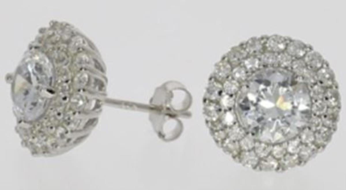 Sterling Silver Rhodium Pave 6mm Rd Double Halo Stud Earring
