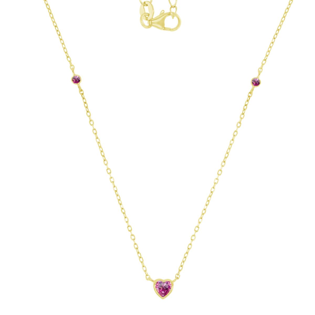 Sterling Silver Yellow 5X2MM Polished Pink CZ Bezel Heart & Circle Link 13+2" Necklace