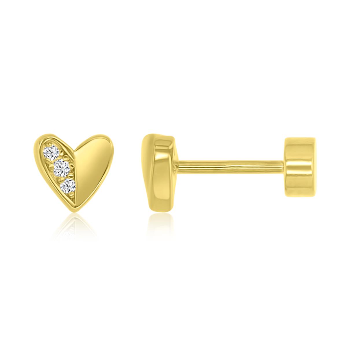 14K Yellow Gold 5MM Polished White CZ Half Pave Heart Earring