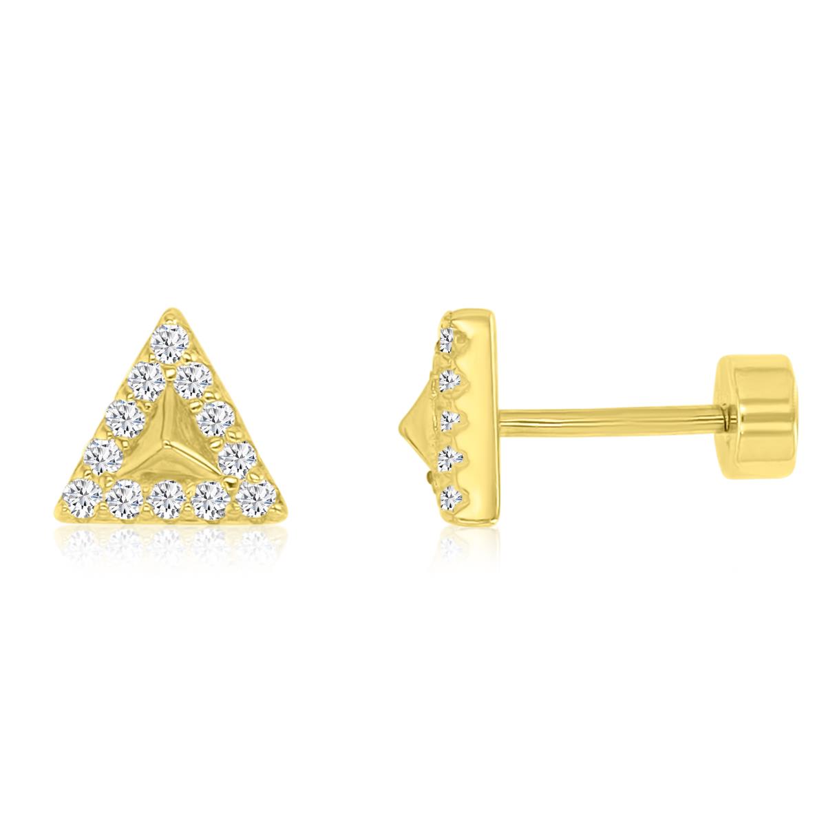 14K Yellow Gold Rnd CZ Triangle Flat Back Stud Earrings