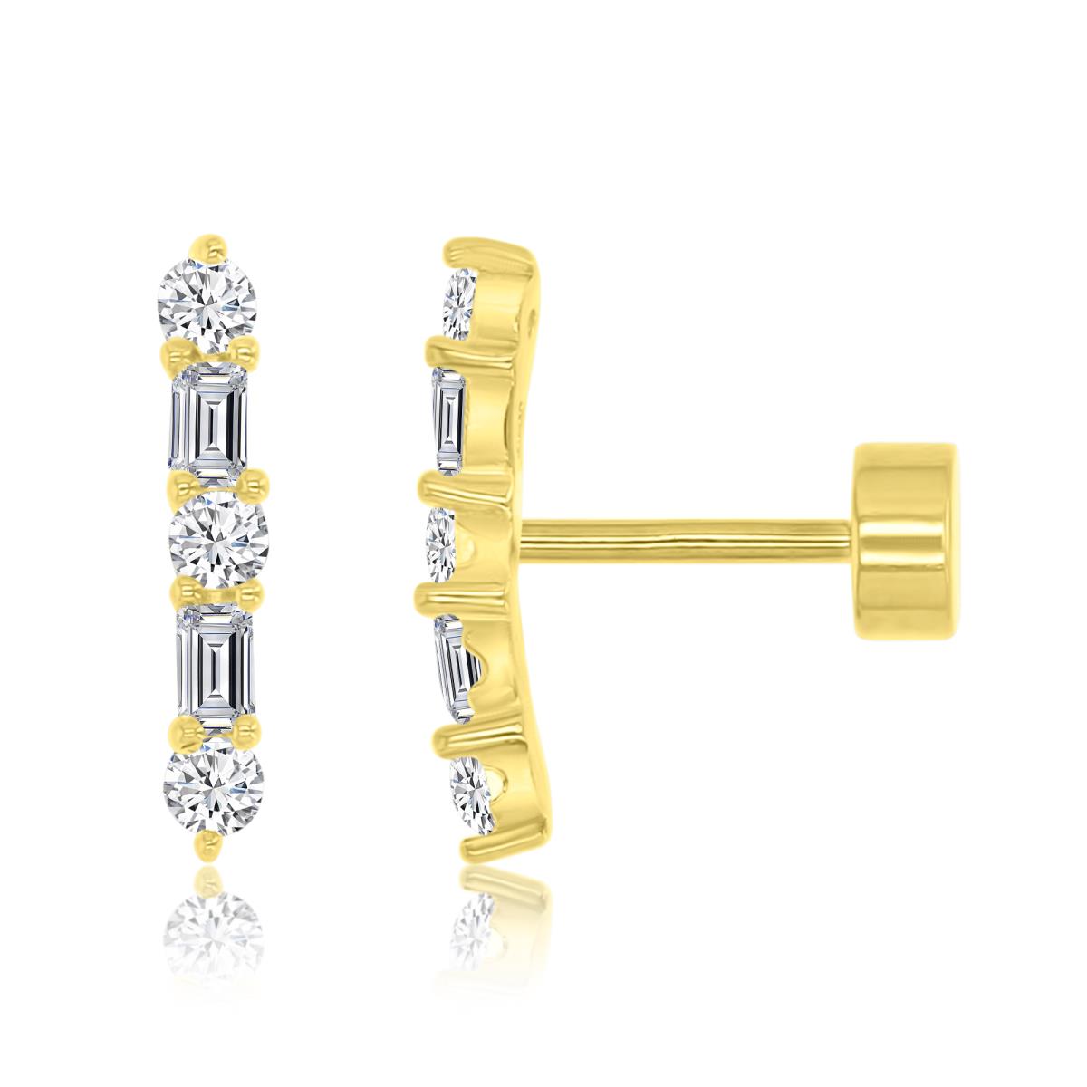 Sterling Silver Yellow 13X2MM Polished White CZ Baguette Flat Back Stud Earrings