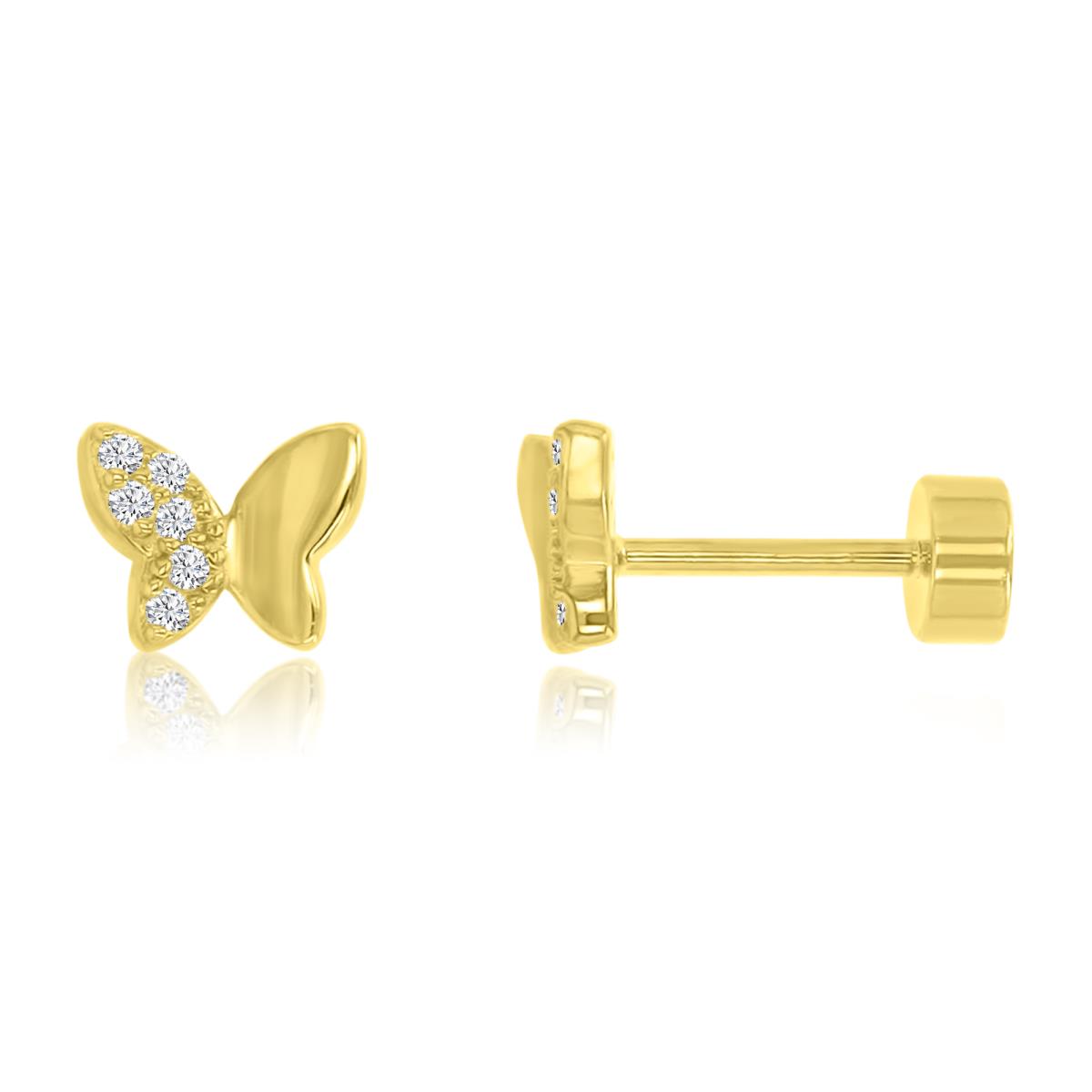 14K Yellow Gold 6X5MM Polished White CZ Half Pave Butterfly Flat Back Stud Earrings