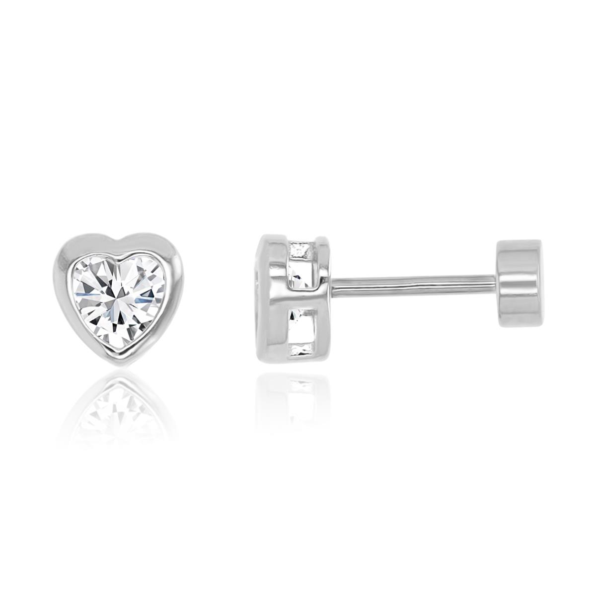 Sterling Silver Rhodium 5MM Polished White CZ Bezel Heart Flat Back Stud Earrings